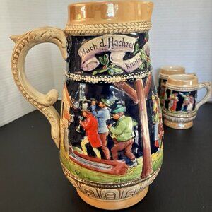 Vintage German Wedding Pottery Pitcher+6 Mugs Music/Dancing-Rare Full Set+Gold